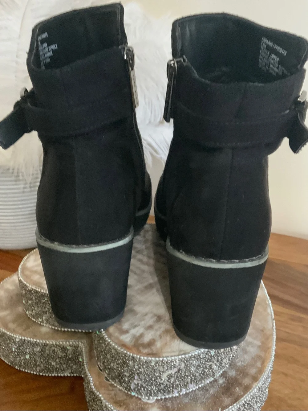 Anne Klein Black Suede Wedge Ankle Boots with Buckle